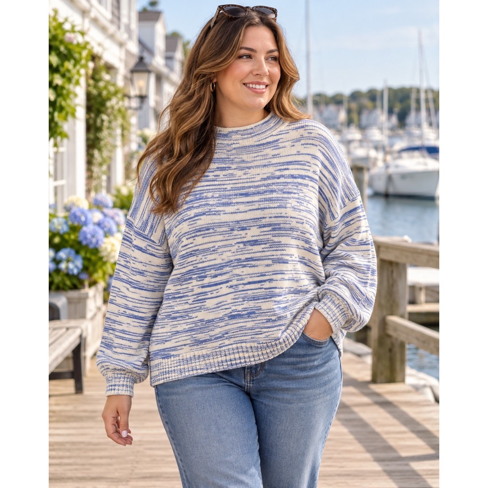 Nine West Sweater Women XXL Blue White Coastal Oversized Cotton Blend Knit